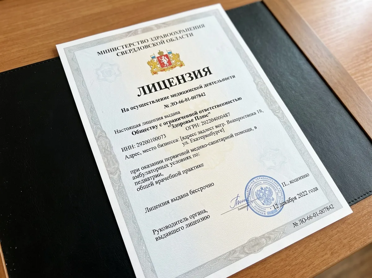 Лицензия на медицинскую деятельность № ЛО-66-01-007842 — официальный документ Министерства здравоохранения Свердловской области, формат А4